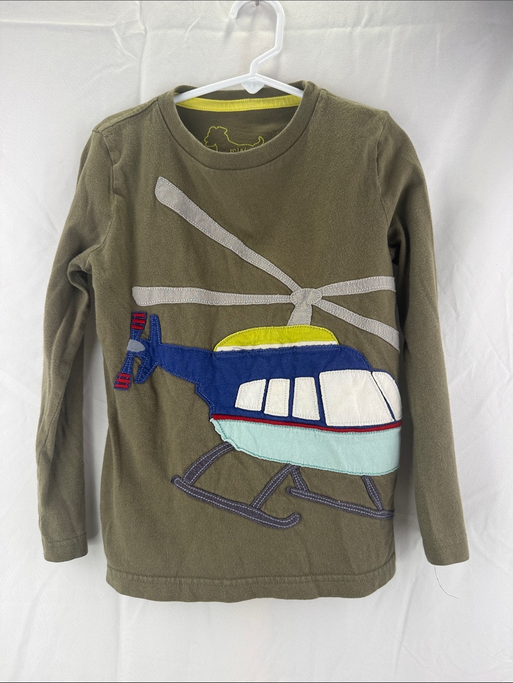 Mini Boden Kids Size 4-5 Olive Green Long Sleeve Shirt with Helicopter Appliqué